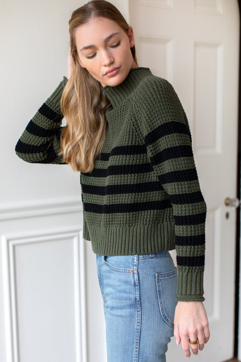 Boxy Funnel Neck Sweater - Army + Black Stripe