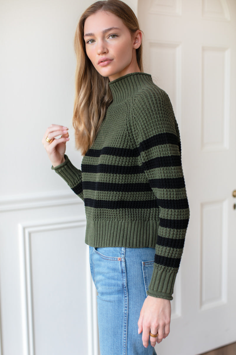 Boxy Funnel Neck Sweater - Army + Black Stripe