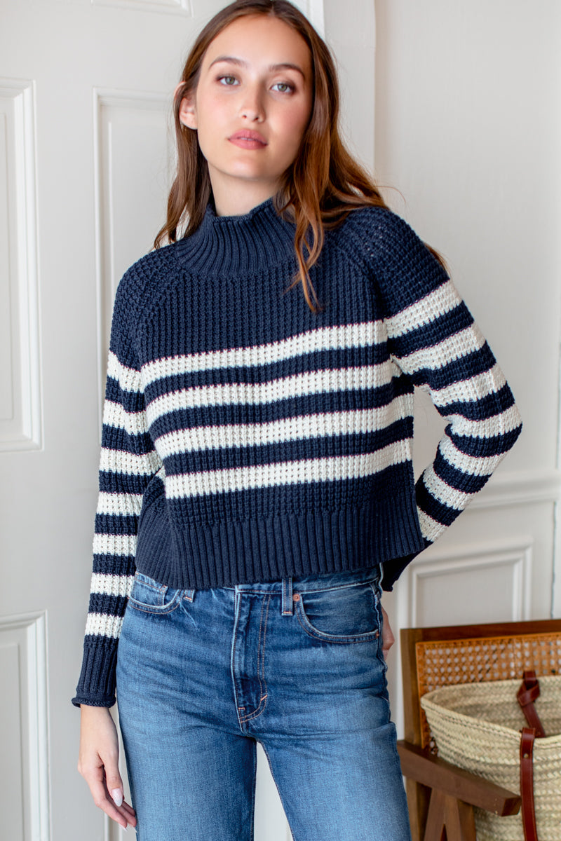 Boxy Funnel Neck Sweater - Navy + Ivory Stripe