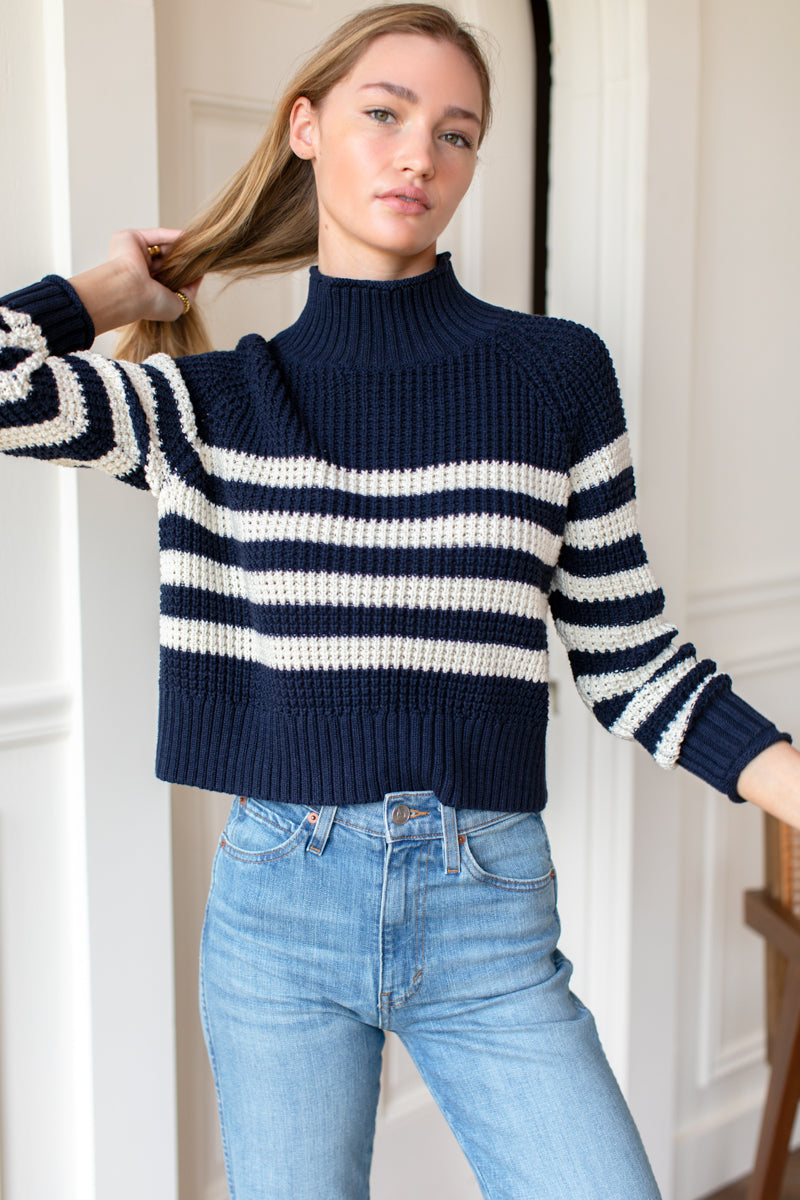 Boxy Funnel Neck Sweater - Navy + Ivory Stripe