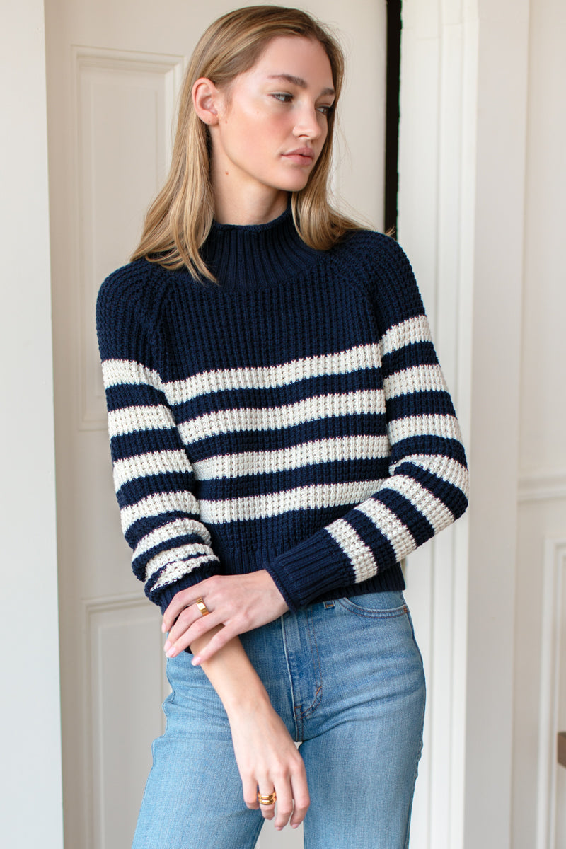 Boxy Funnel Neck Sweater - Navy + Ivory Stripe