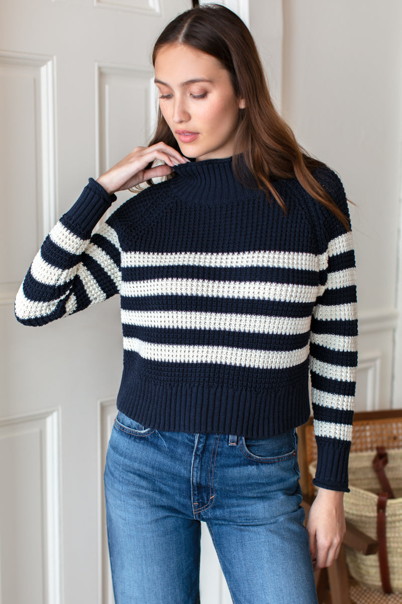 Boxy Funnel Neck Sweater - Navy + Ivory Stripe