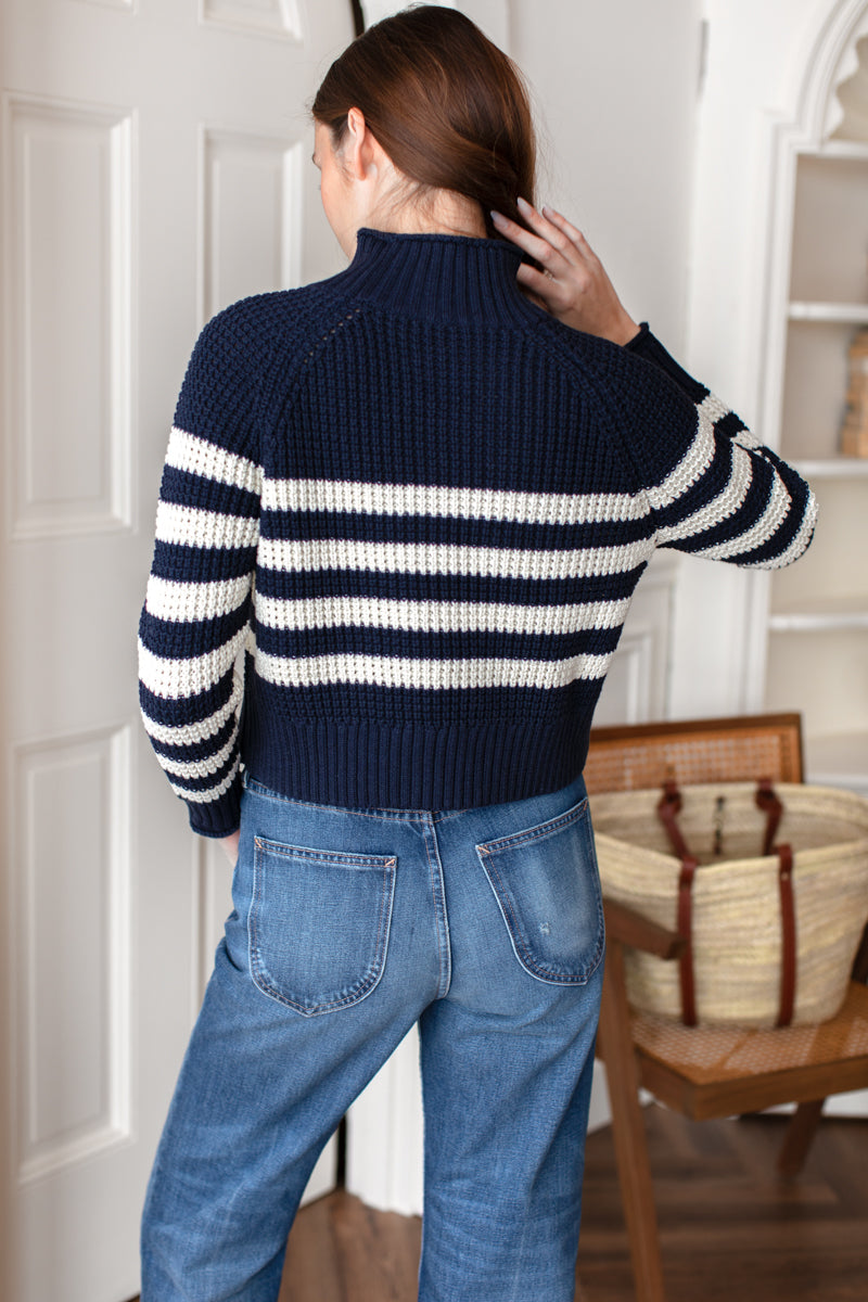 Boxy Funnel Neck Sweater - Navy + Ivory Stripe