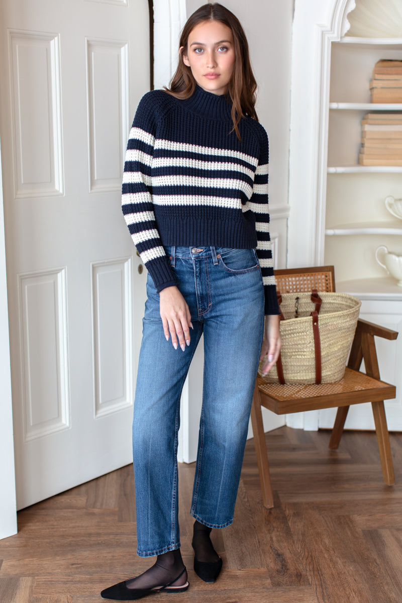 Boxy Funnel Neck Sweater - Navy + Ivory Stripe