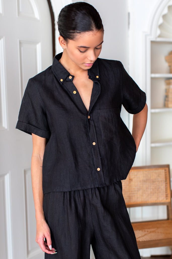 Boxy Shirt - Jet Black Linen - Emerson Fry