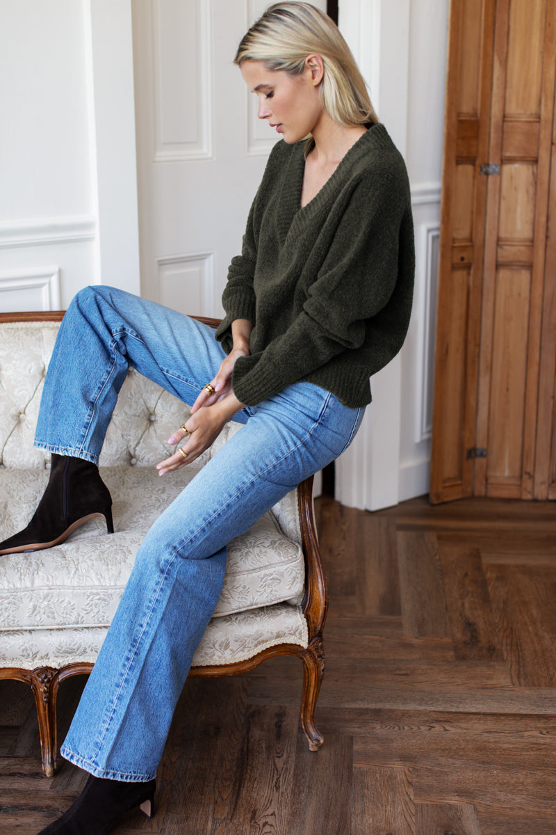 Boxy V Neck Sweater - Olive Wool
