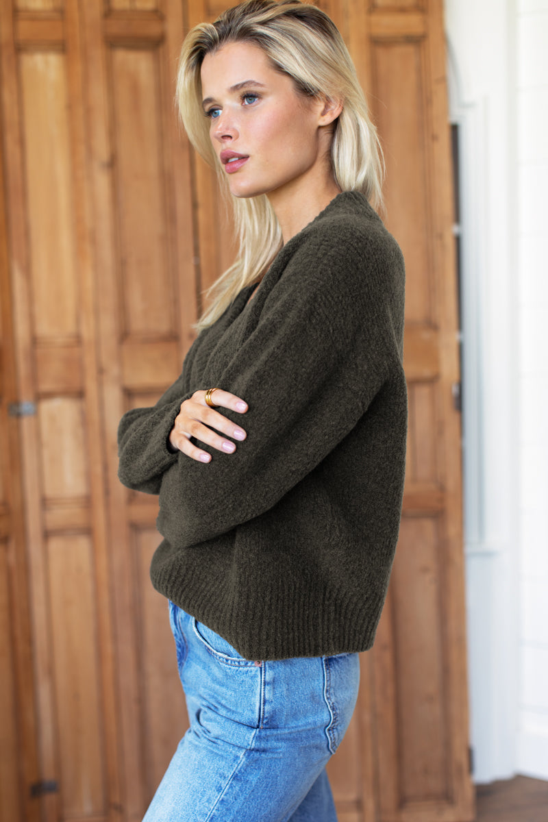 Boxy V Neck Sweater - Olive Wool