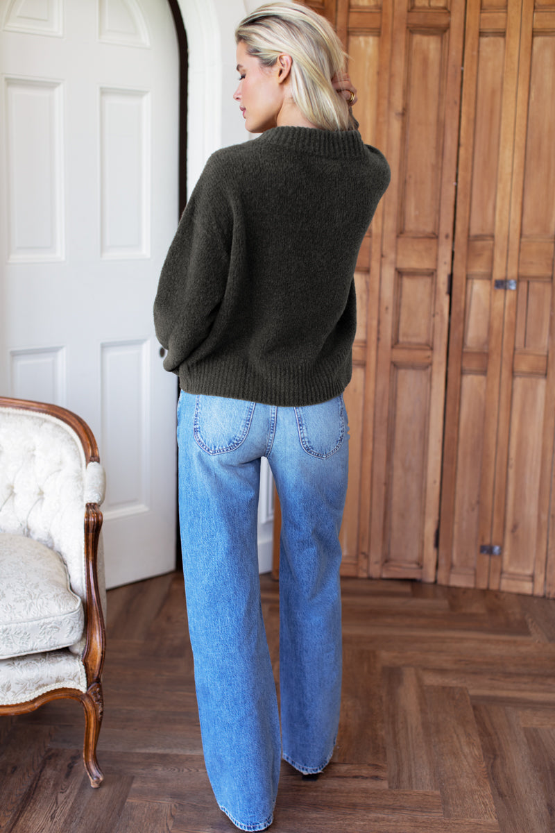 Boxy V Neck Sweater - Olive Wool