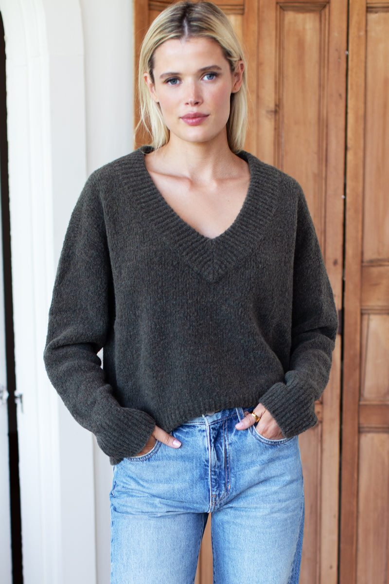 Boxy V Neck Sweater - Olive Wool