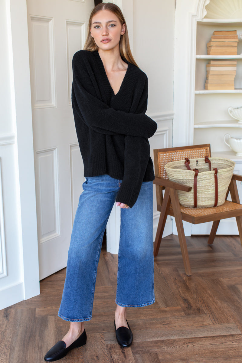 Boxy V Neck Sweater - Parisian Night Boucle