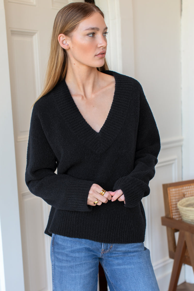 Boxy V Neck Sweater - Parisian Night Boucle