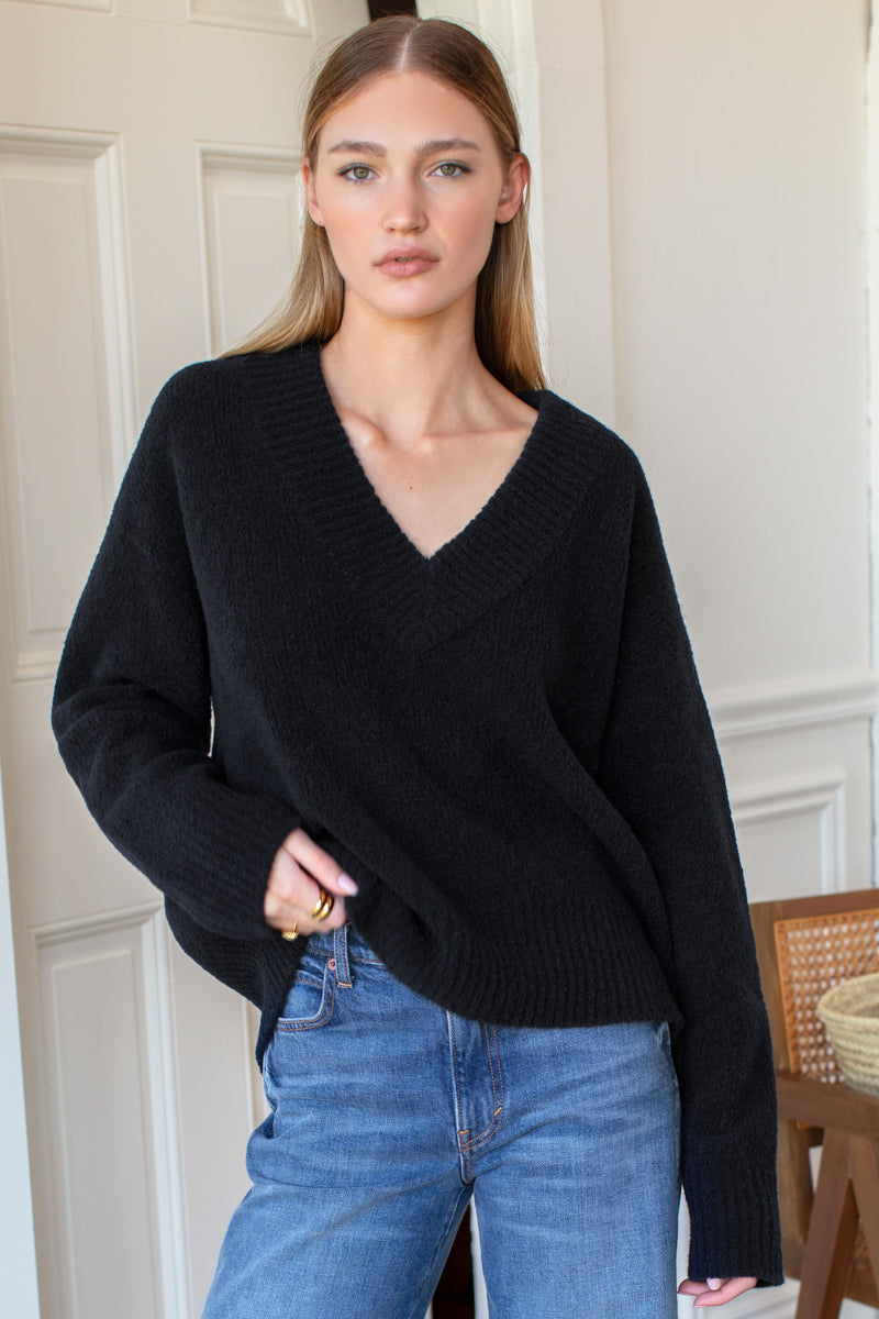 Boxy V Neck Sweater - Parisian Night Boucle