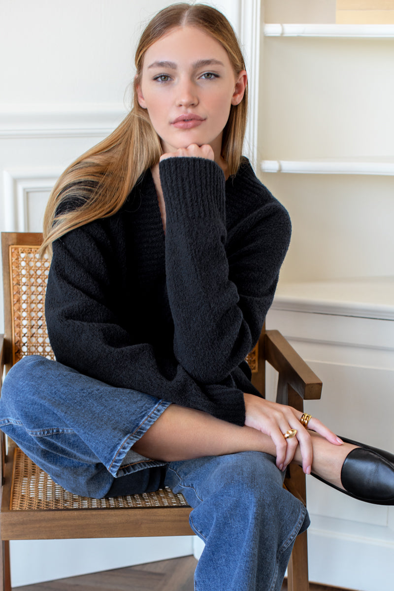 Boxy V Neck Sweater - Parisian Night Boucle