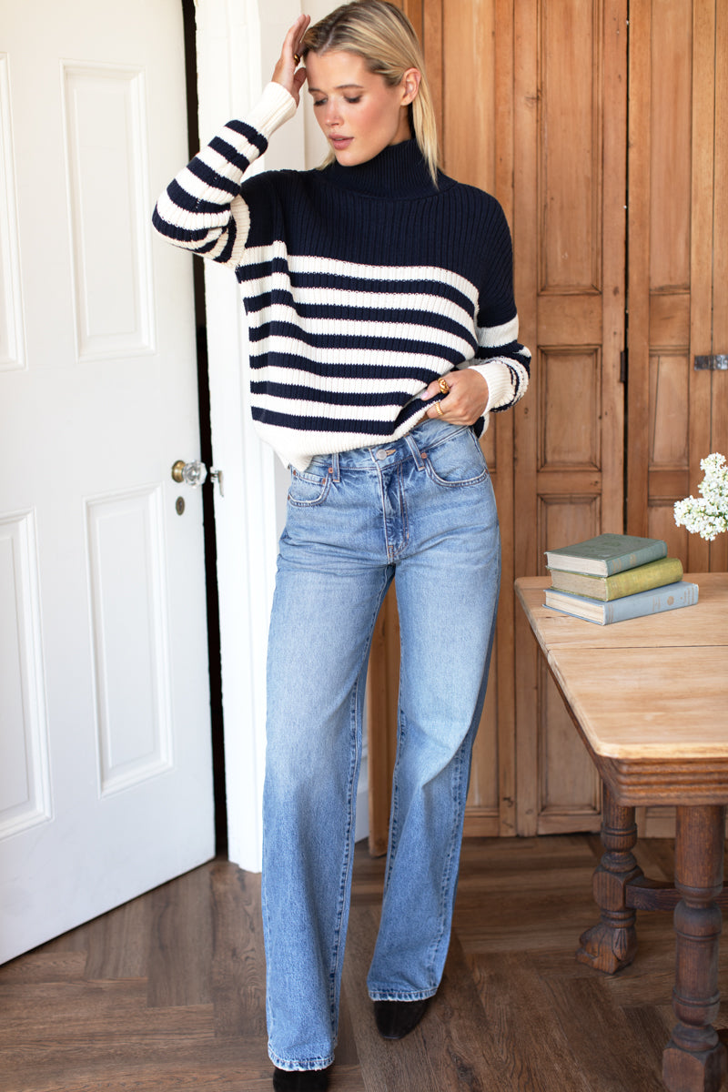 Carolyn Funnel Neck Sweater - Navy Colorblock Stripe Organic