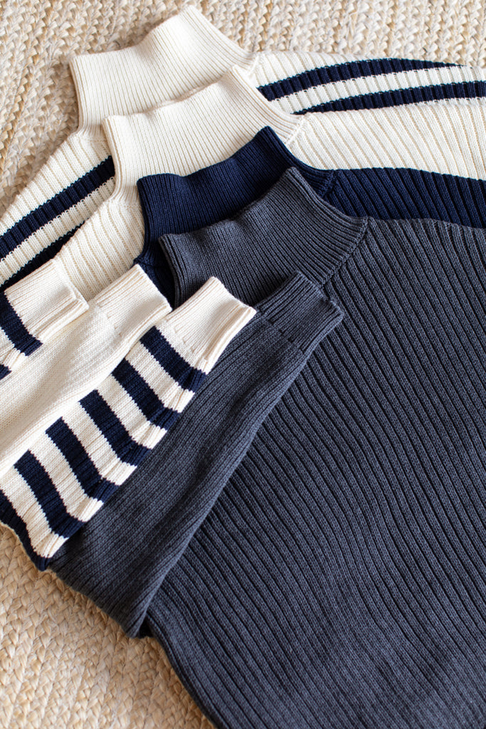Carolyn Funnel Neck Sweater - Navy Colorblock Stripe Organic - Emerson Fry