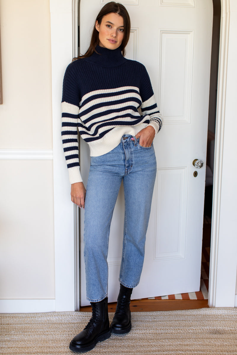 Carolyn Funnel Neck Sweater - Navy Colorblock Stripe Organic - Emerson Fry