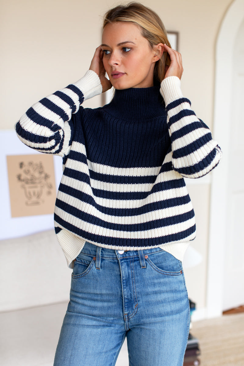 Carolyn Funnel Neck Sweater - Navy Colorblock Stripe Organic - Emerson Fry