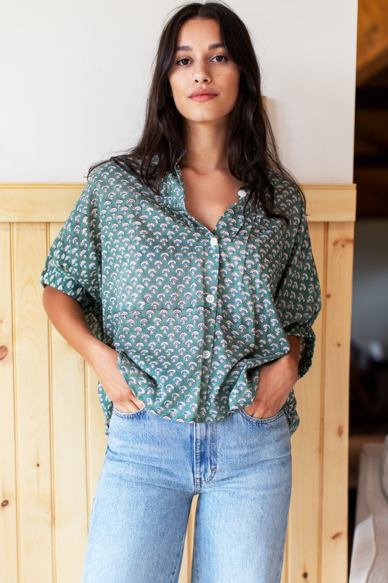 Mandarin Collar Top - Day Flowers Juniper Organic