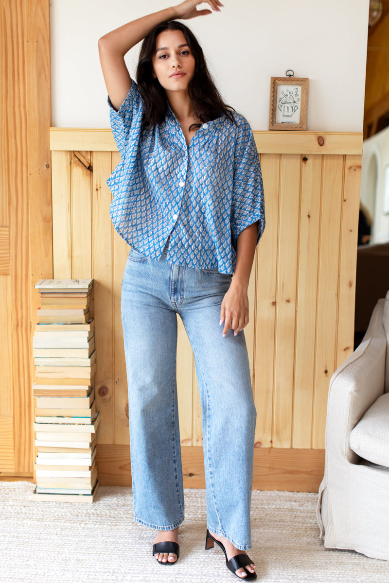 Mandarin Collar Top - Harlow Flowers Blue Organic