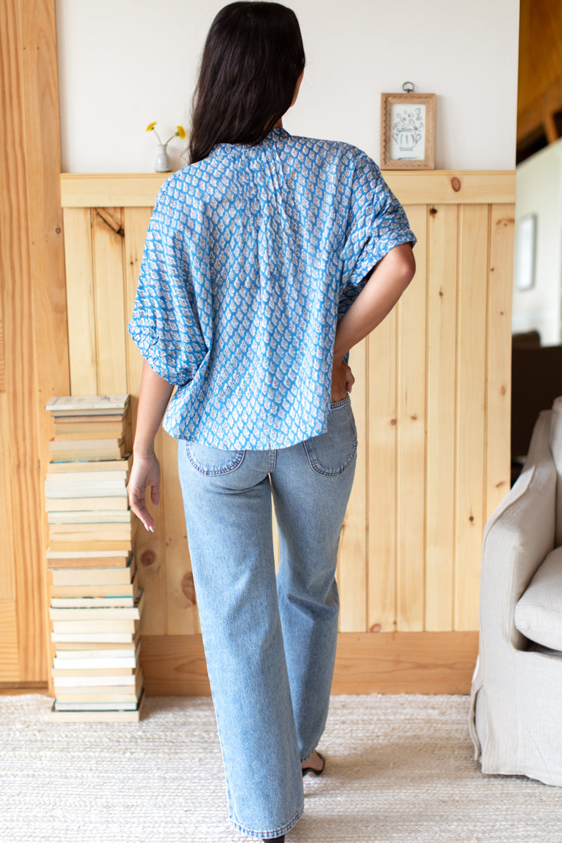 Mandarin Collar Top - Harlow Flowers Blue Organic