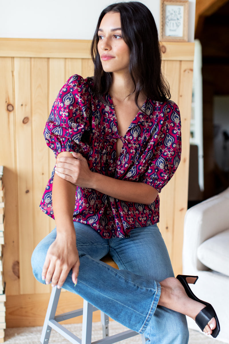 Women Fuchsia Satin Floral Shirt With Stripe Lounge Pants