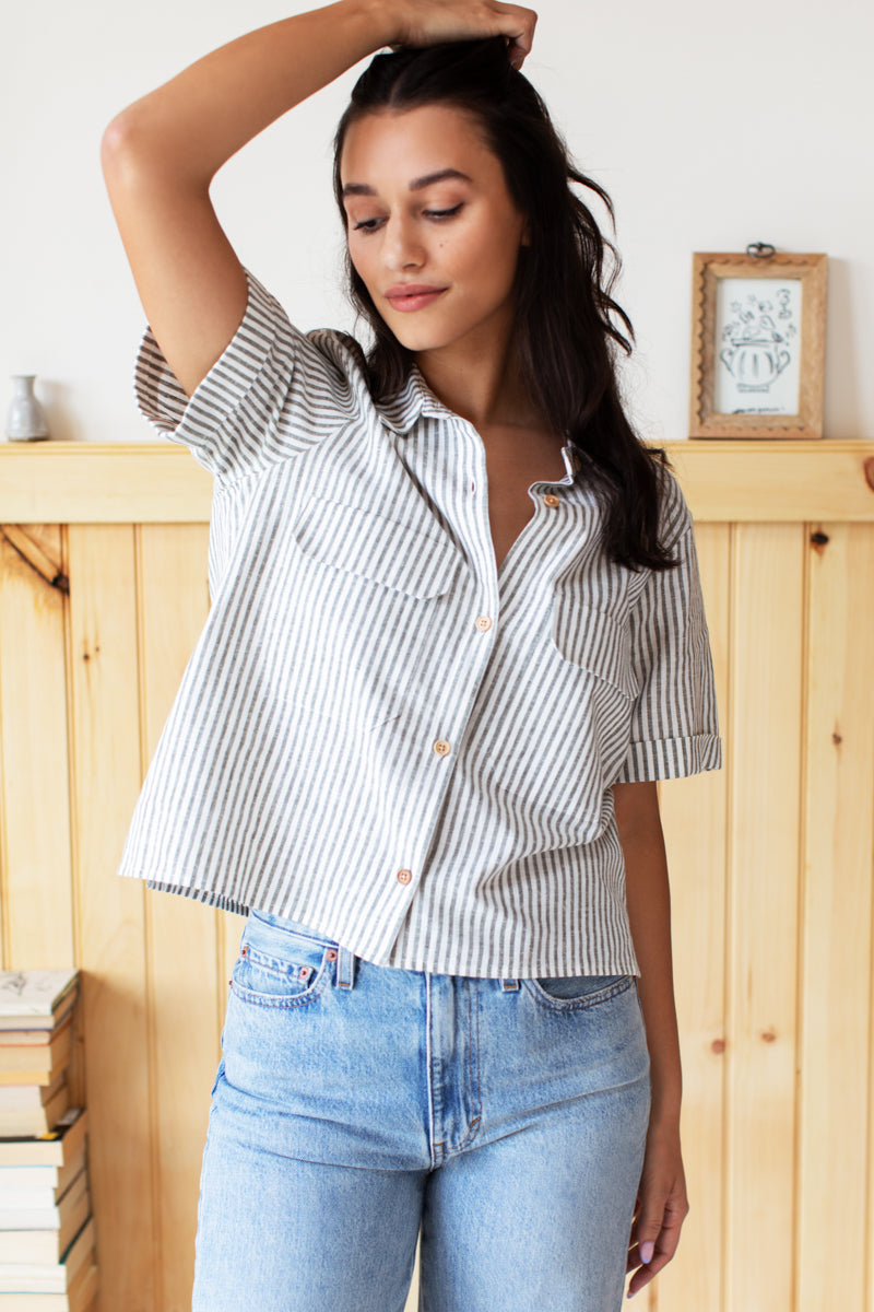 Short Sleeve Utility Shirt - Juniper Stripe Linen
