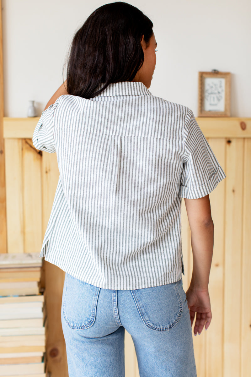 Short Sleeve Utility Shirt - Juniper Stripe Linen