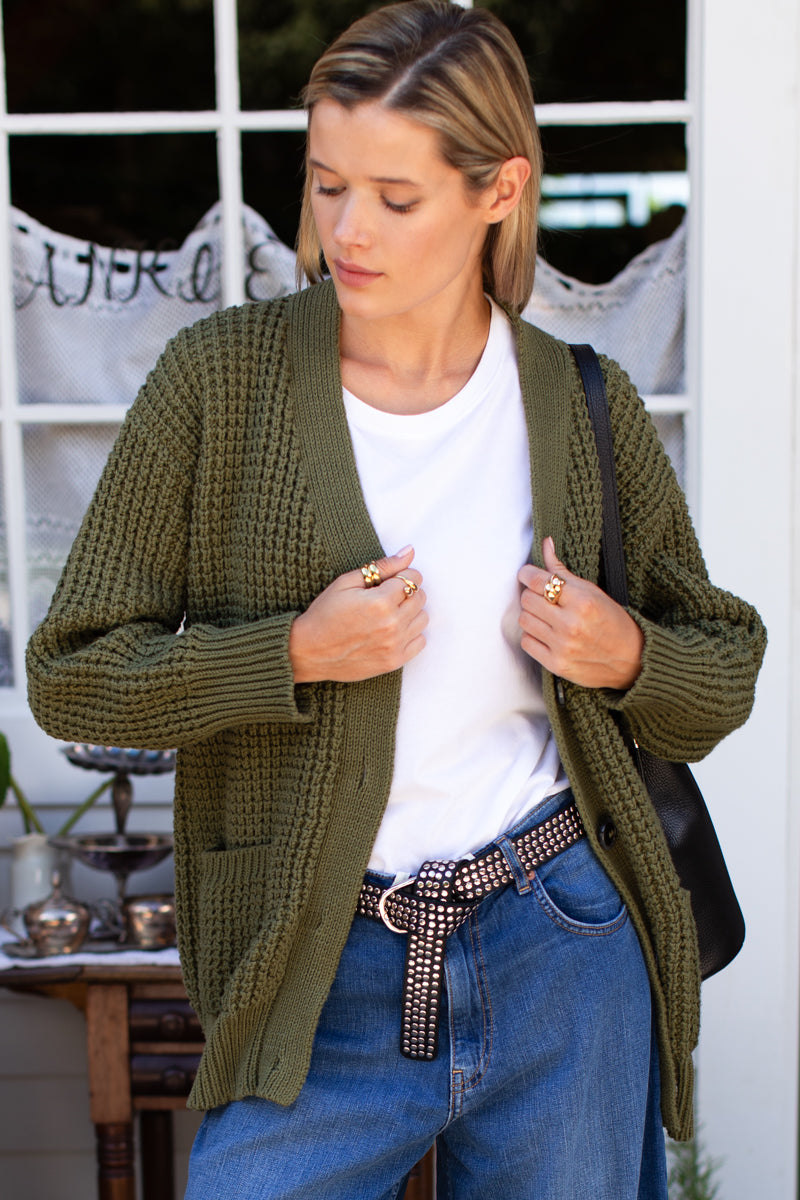 Cozy Cotton Cardigan - Olive Tanguis Cotton