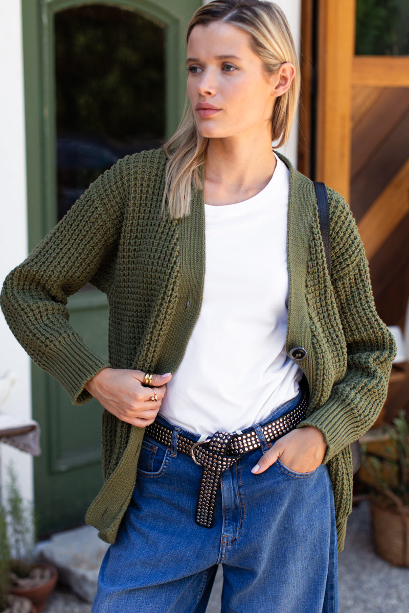 Cozy Cotton Cardigan - Olive Tanguis Cotton