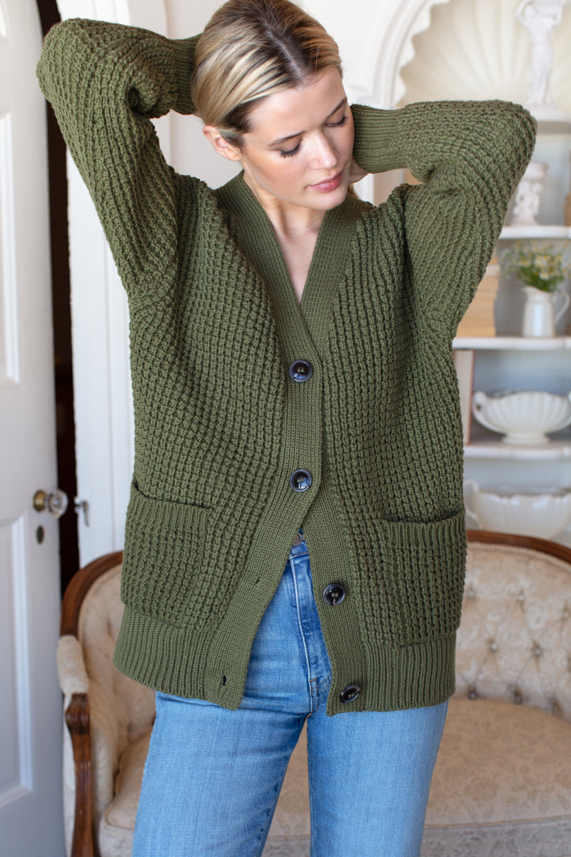 Cozy Cotton Cardigan - Olive Tanguis Cotton