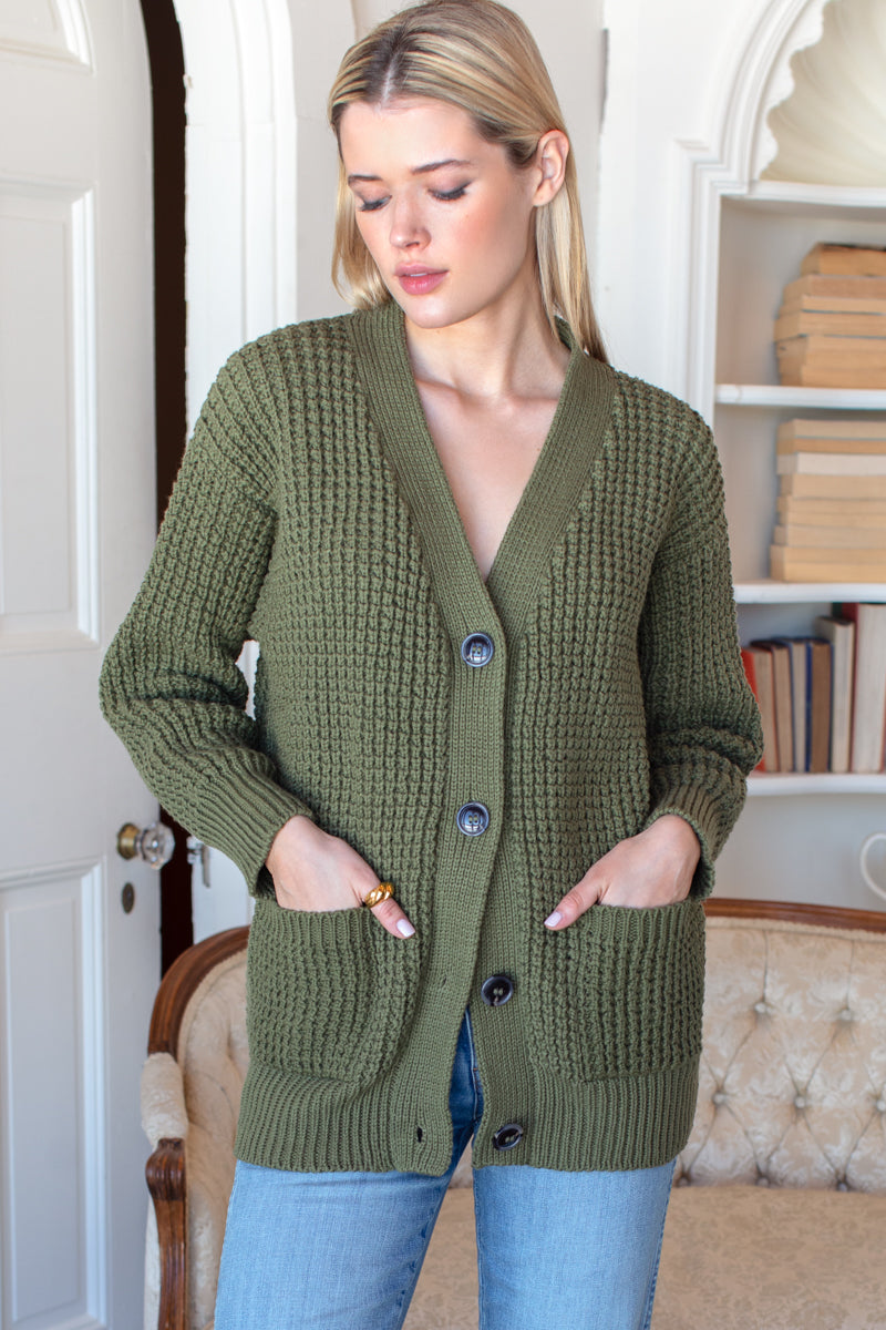 Cozy Cotton Cardigan - Olive Tanguis Cotton