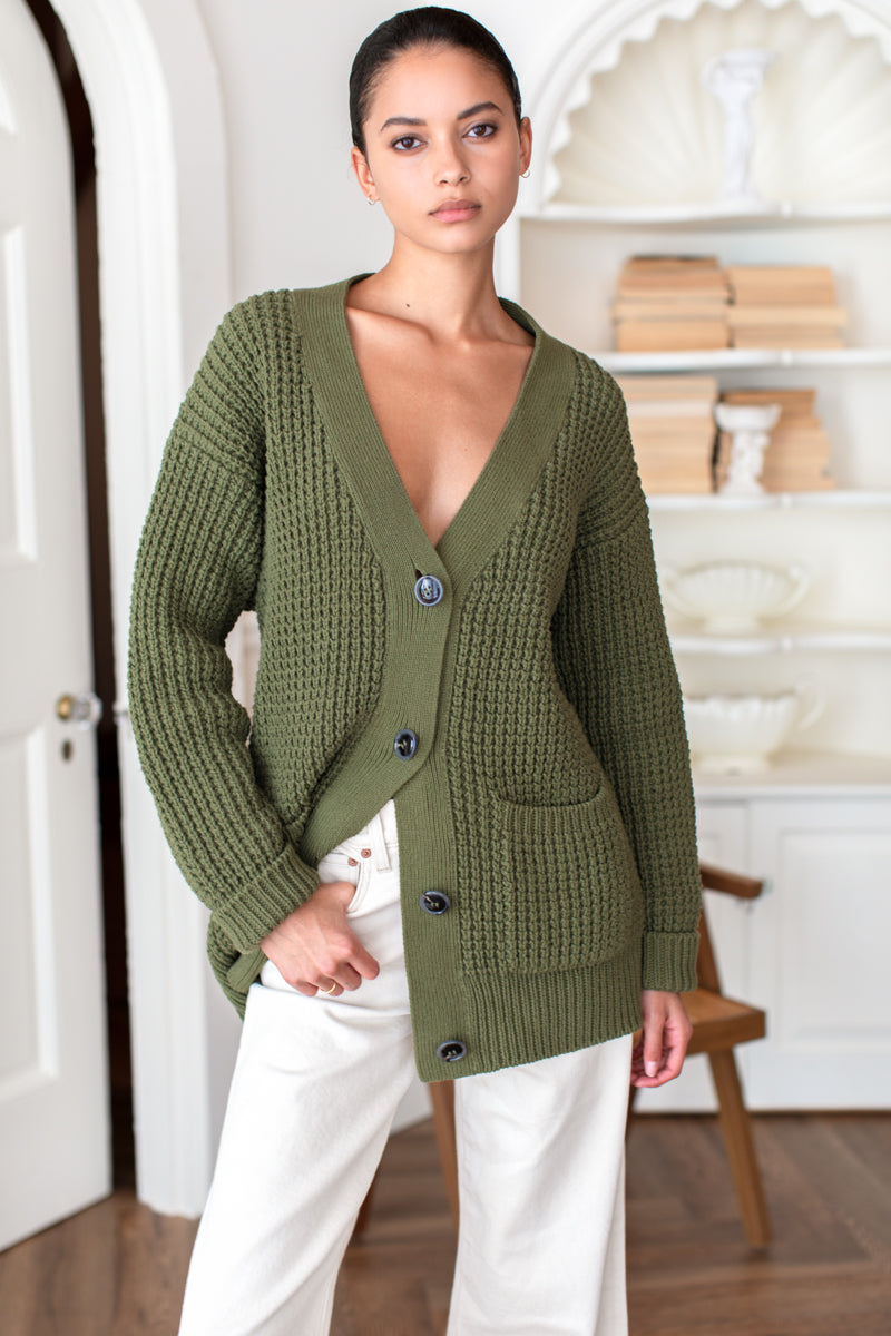 Cozy Cotton Cardigan - Olive Tanguis Cotton