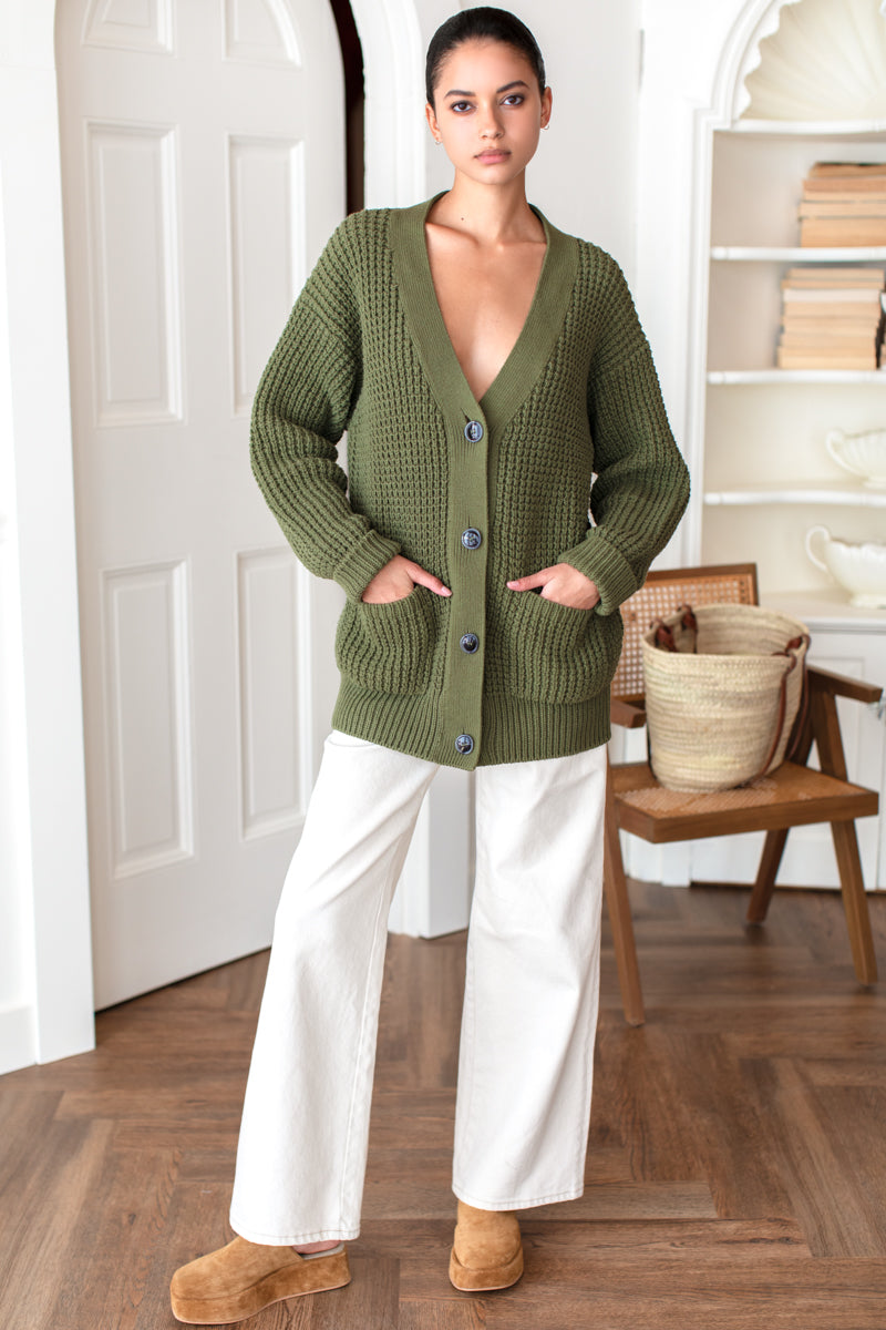 Cozy Cotton Cardigan - Olive Tanguis Cotton