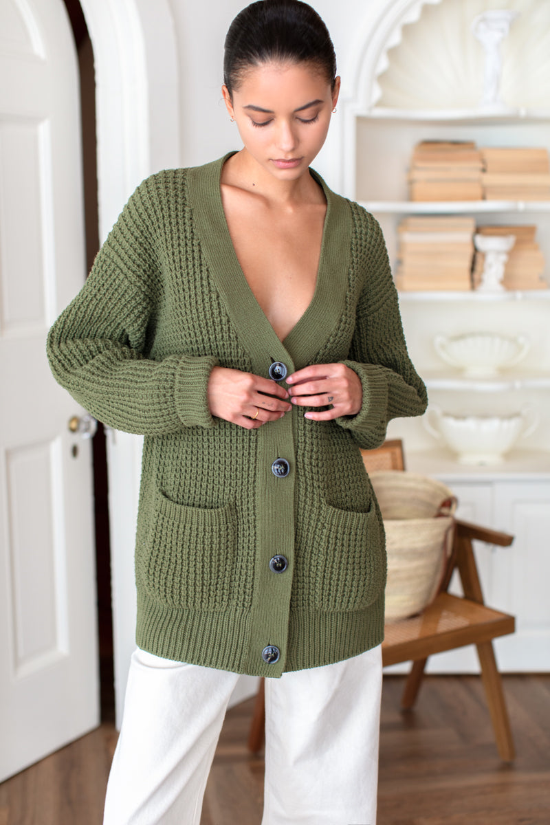 Cozy Cotton Cardigan - Olive Tanguis Cotton