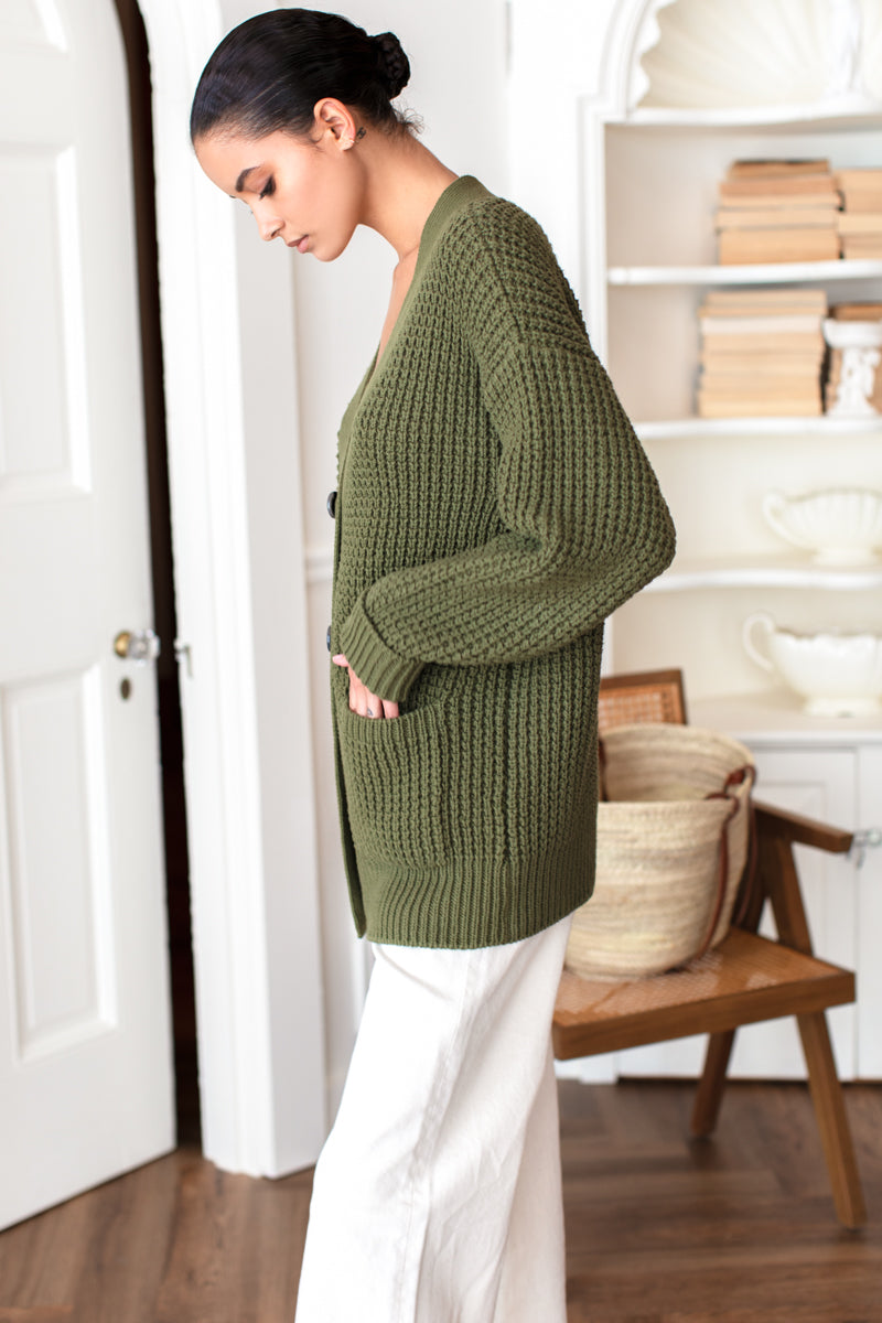 Cozy Cotton Cardigan - Olive Tanguis Cotton