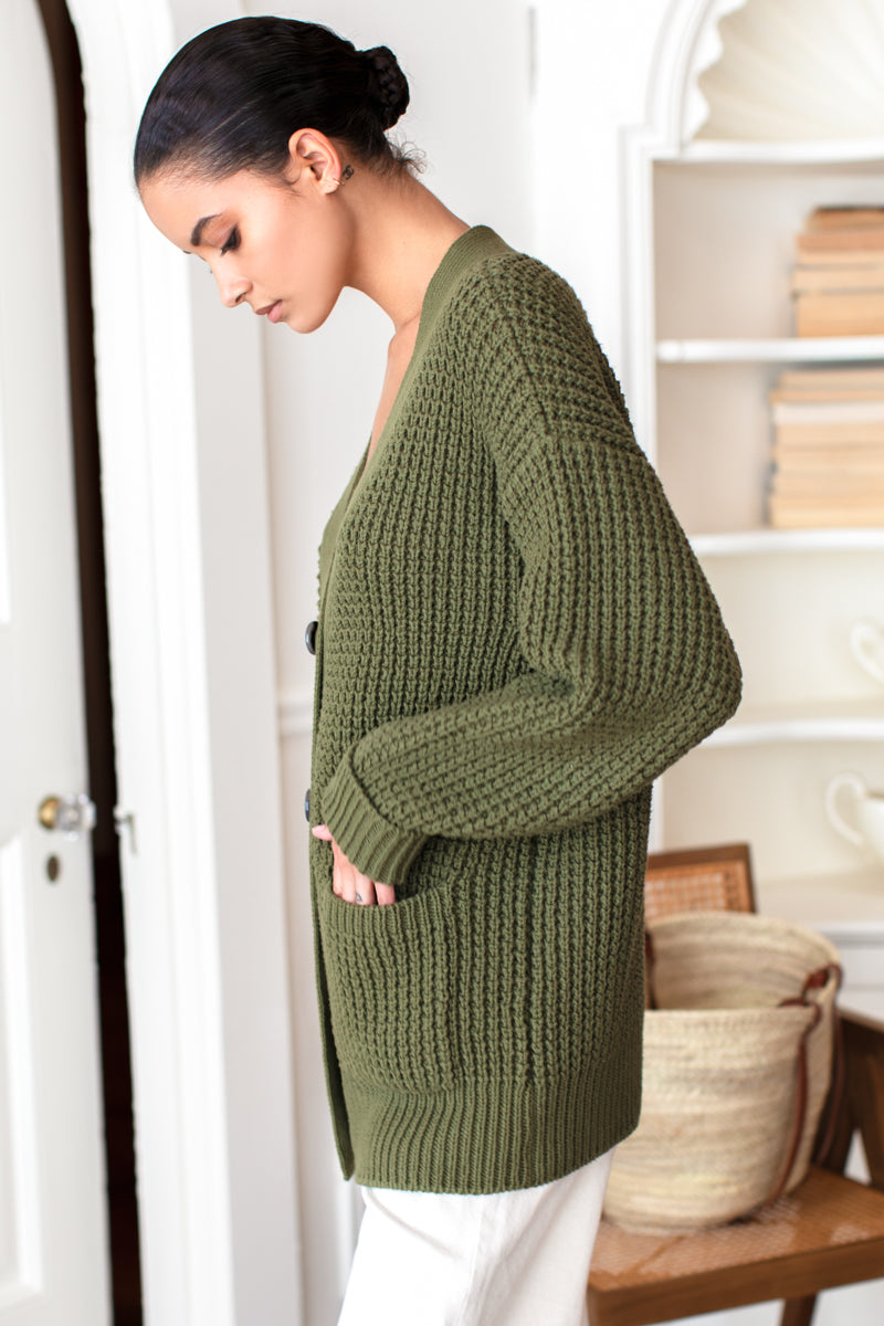 Cozy Cotton Cardigan - Olive Tanguis Cotton