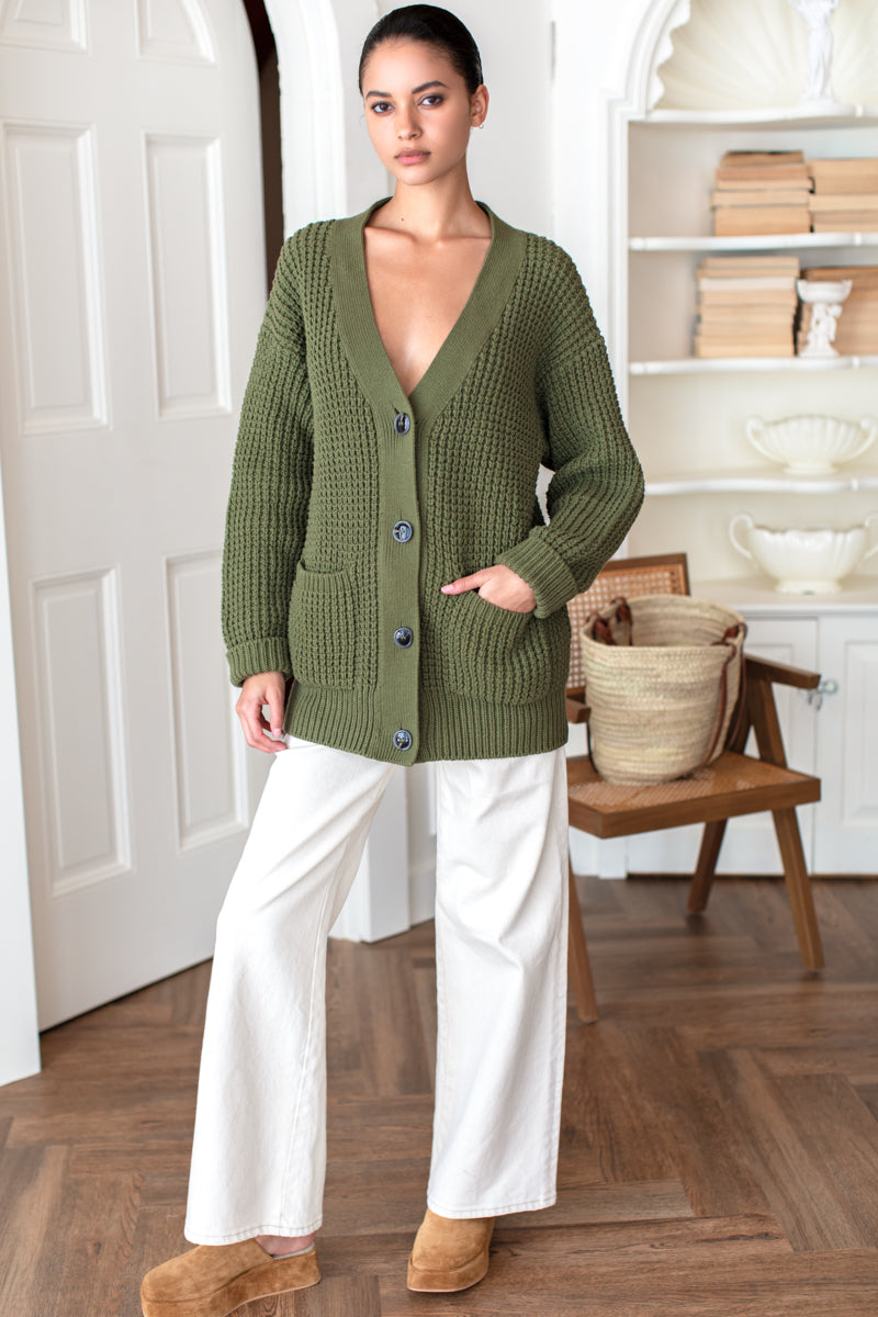 Cozy Cotton Cardigan - Olive Tanguis Cotton