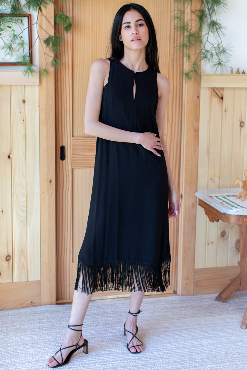 Cut Out Fringe Midi Dress - Black - Emerson Fry Cut Out Fringe Midi Dress - Black - Emerson Fry