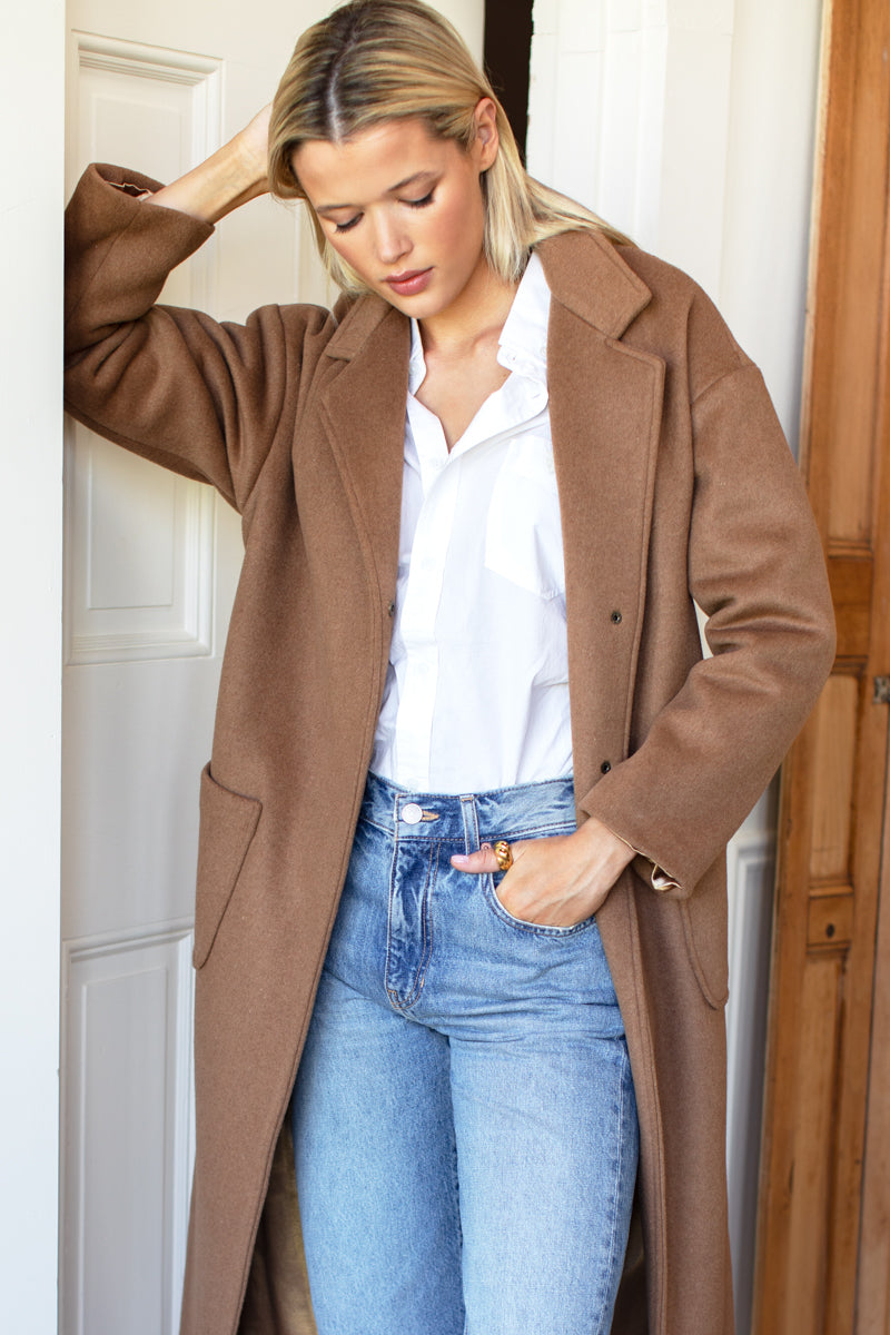Drop Shoulder Long Coat - Saddle Brown