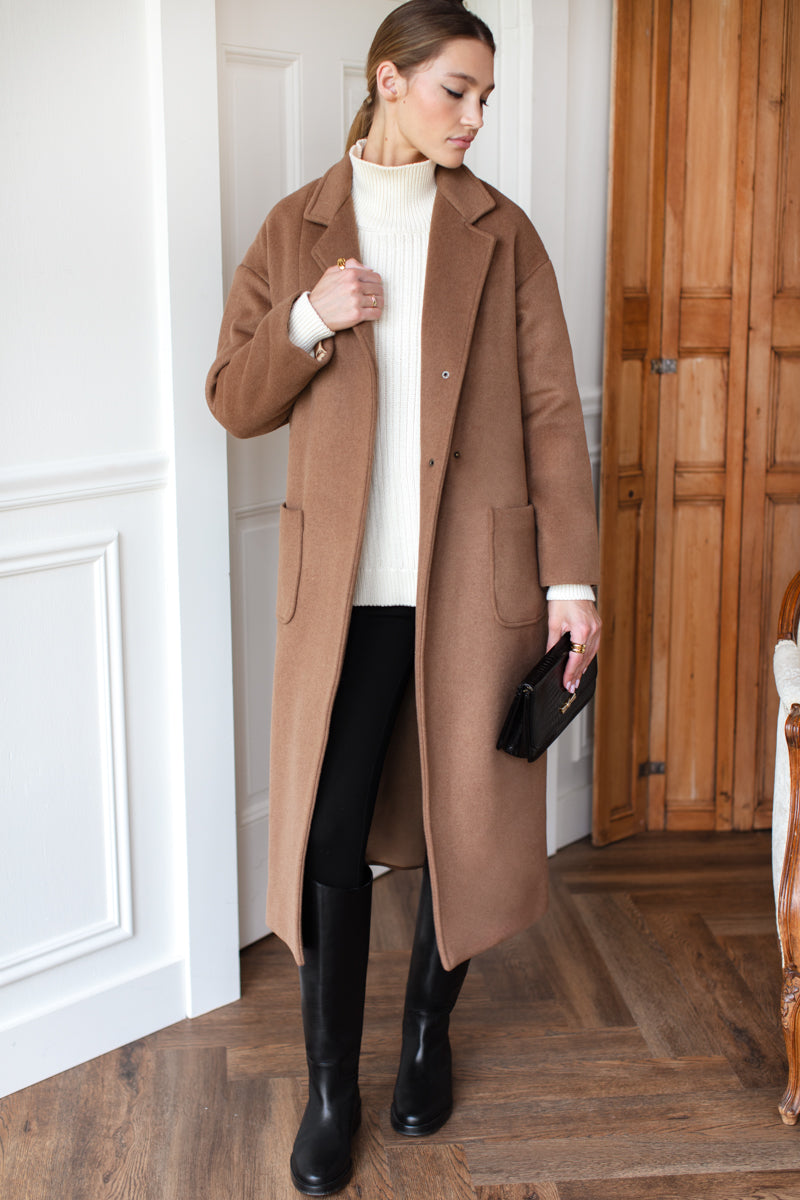 Drop Shoulder Long Coat - Saddle Brown