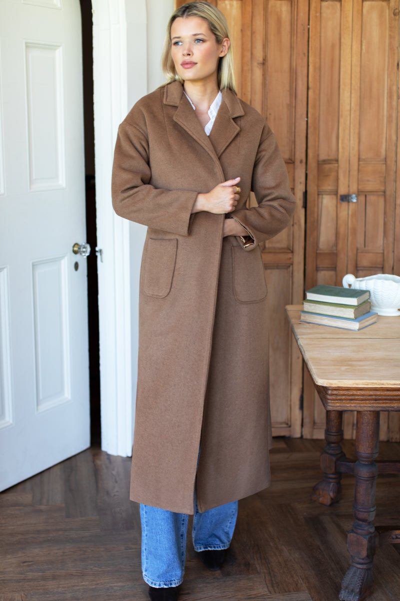 Drop Shoulder Long Coat - Saddle Brown