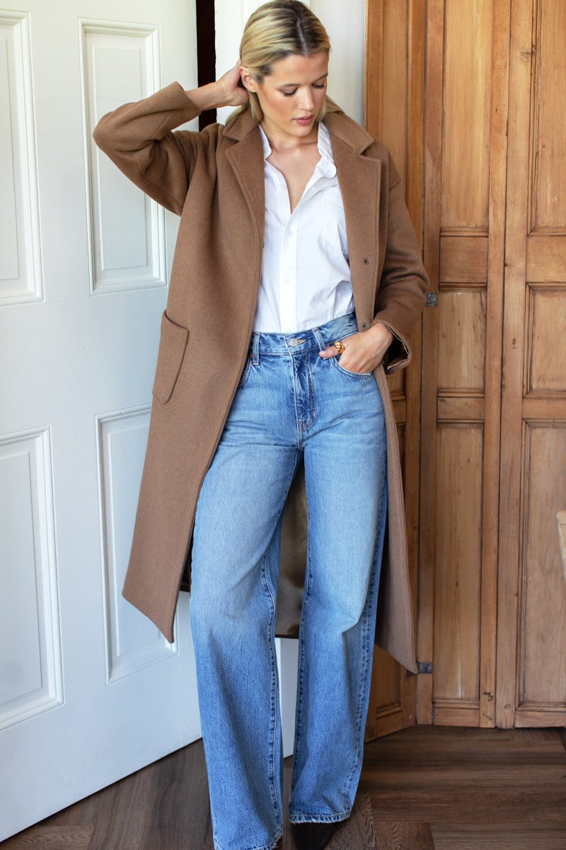 Drop Shoulder Long Coat - Saddle Brown