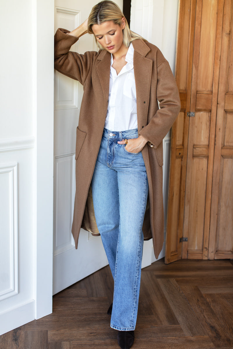Drop Shoulder Long Coat - Saddle Brown