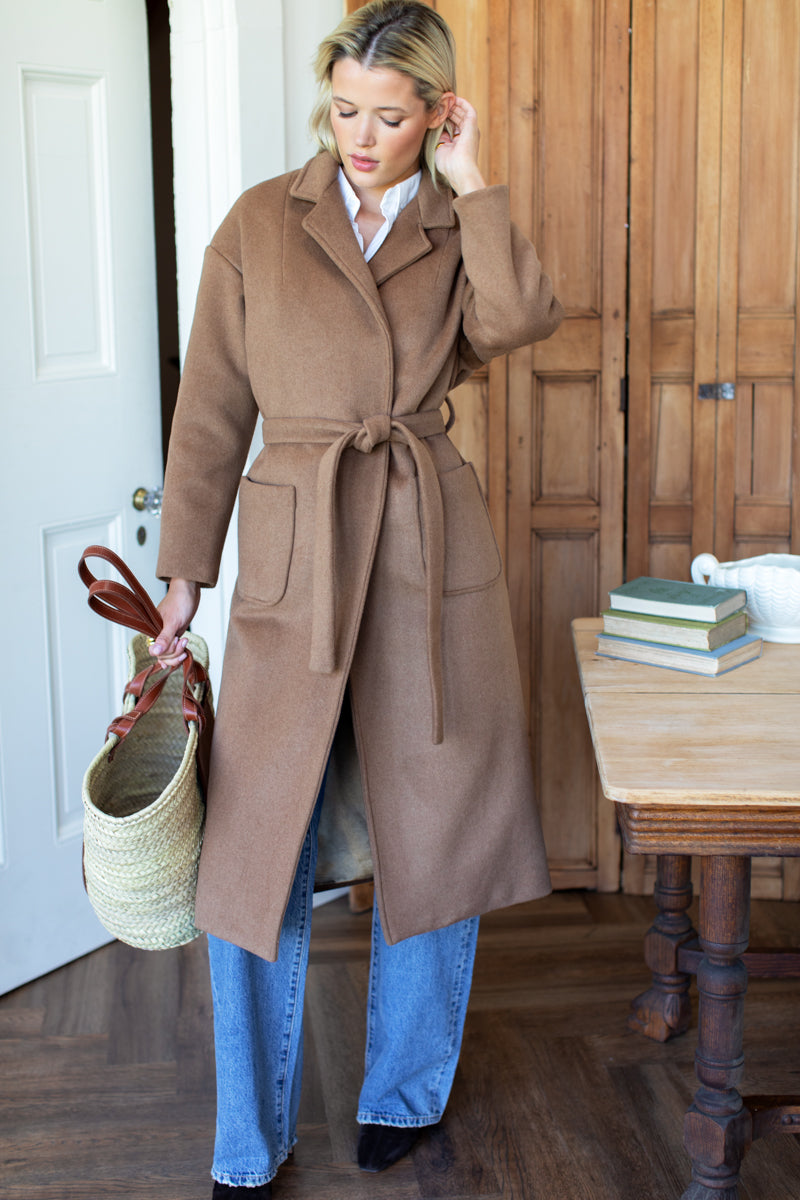 Drop Shoulder Long Coat - Saddle Brown