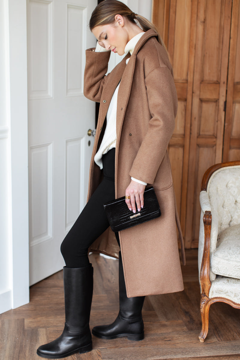 Drop Shoulder Long Coat - Saddle Brown