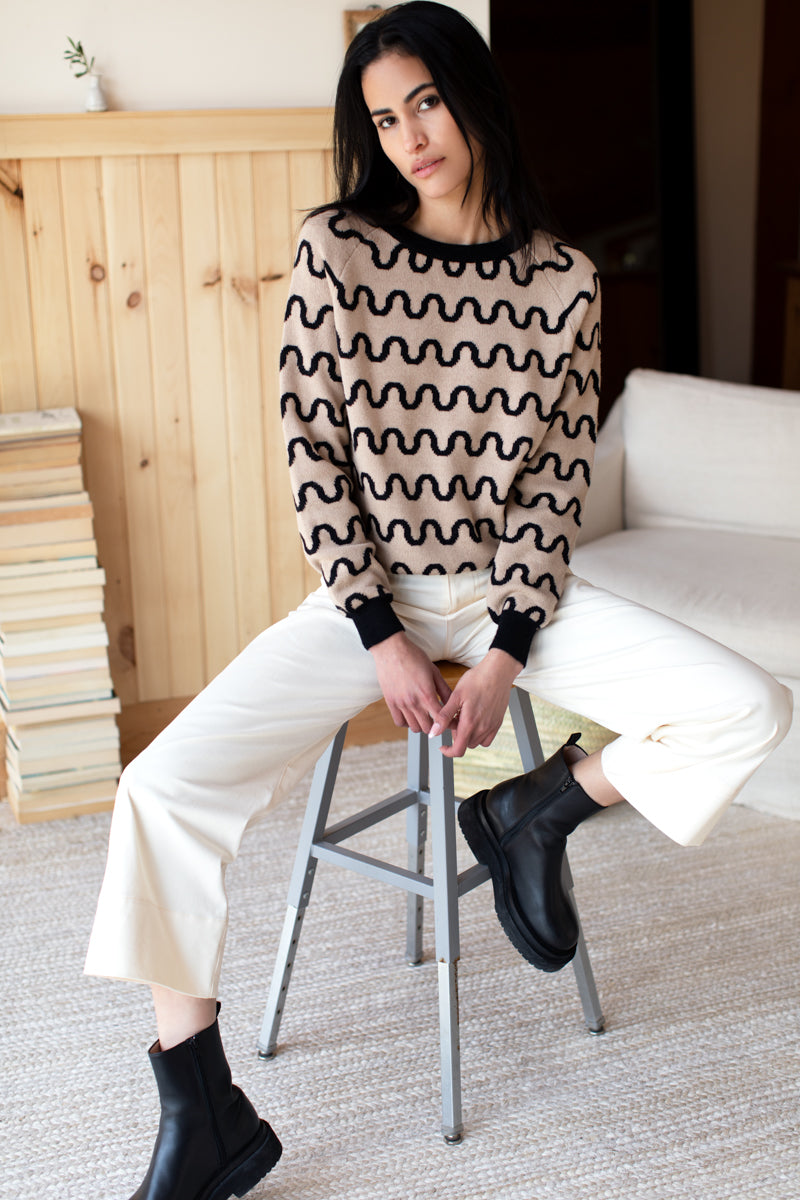 Emerson Sweater - Reversible Loki Stripe Camel + Black Alpaca