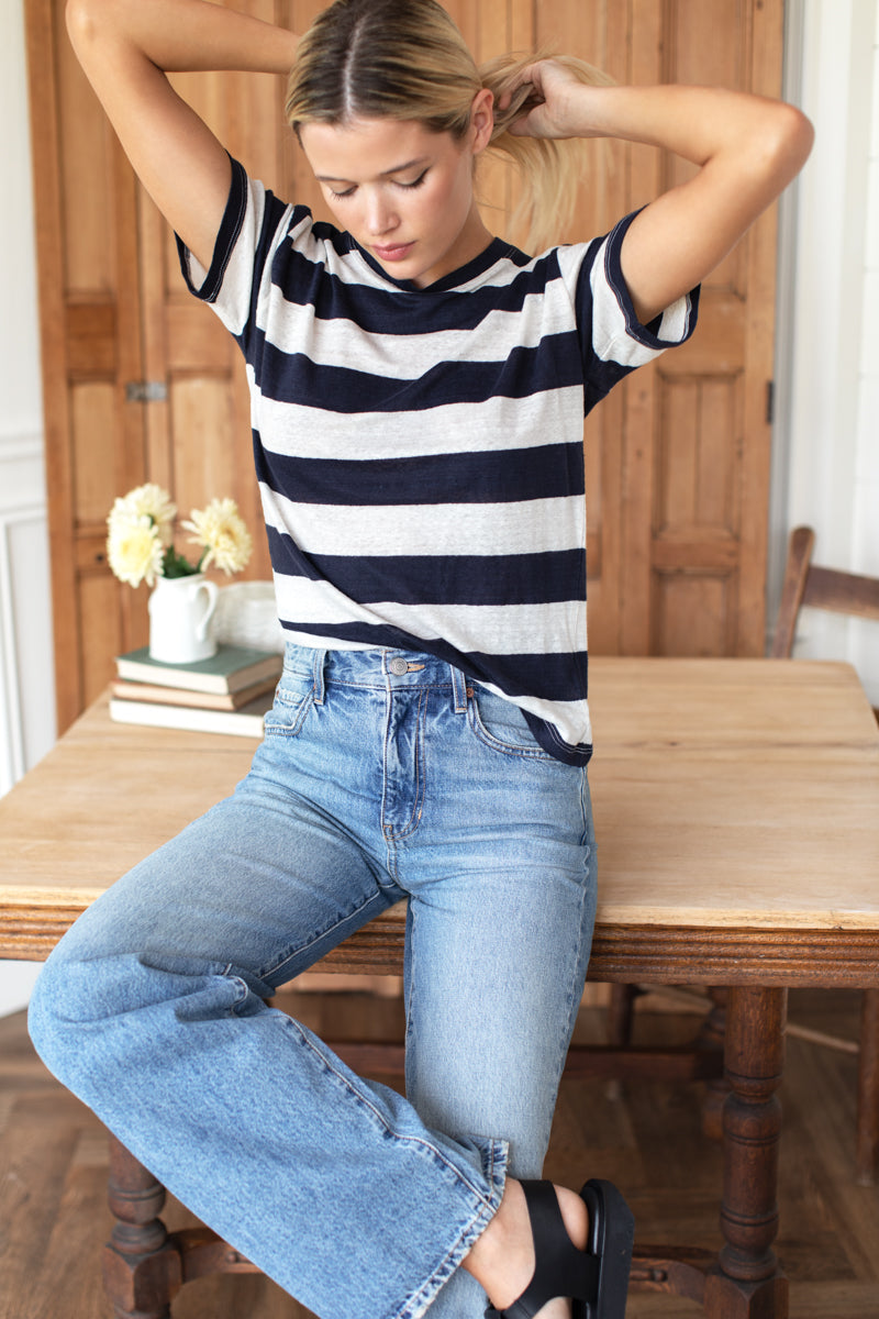 Essential Short Sleeve Crew - Wide Navy Stripe