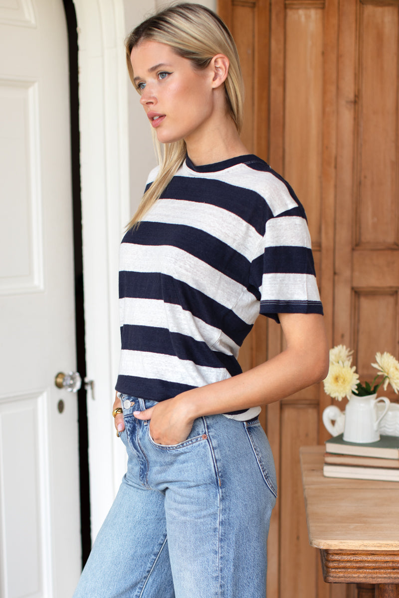 Essential Short Sleeve Crew - Wide Navy Stripe