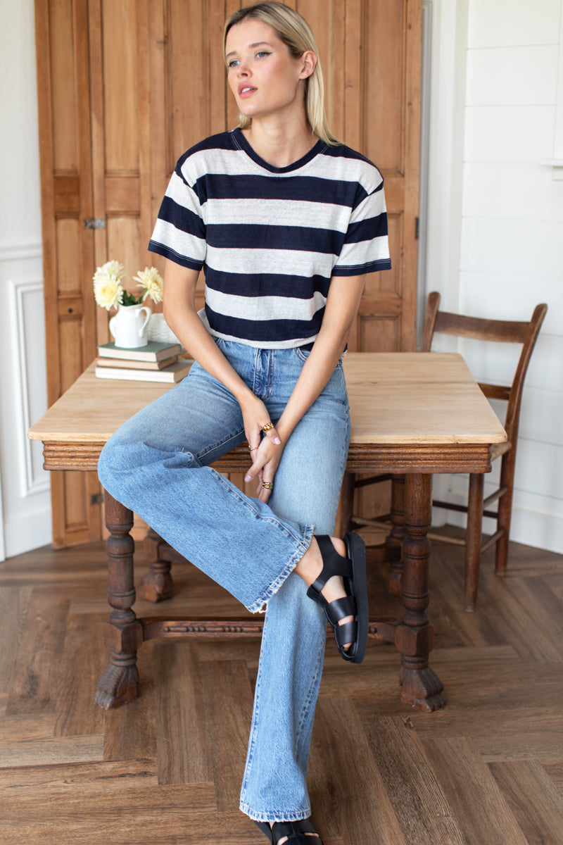 Essential Short Sleeve Crew - Wide Navy Stripe
