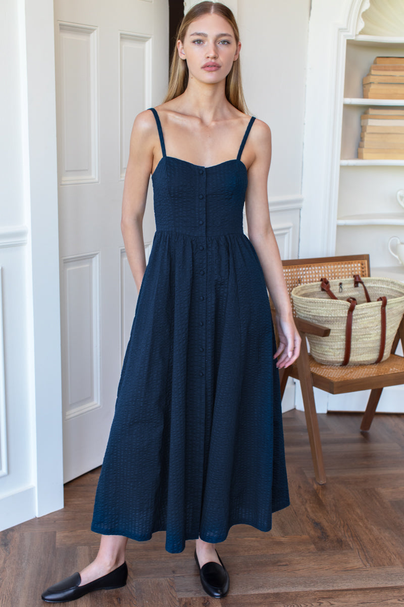 sears navy blue dress Navy Blue Sears Blue Dress Sheer Luck Tasman V-Neck Cutout Waisted Neck Midi Dress (Navy